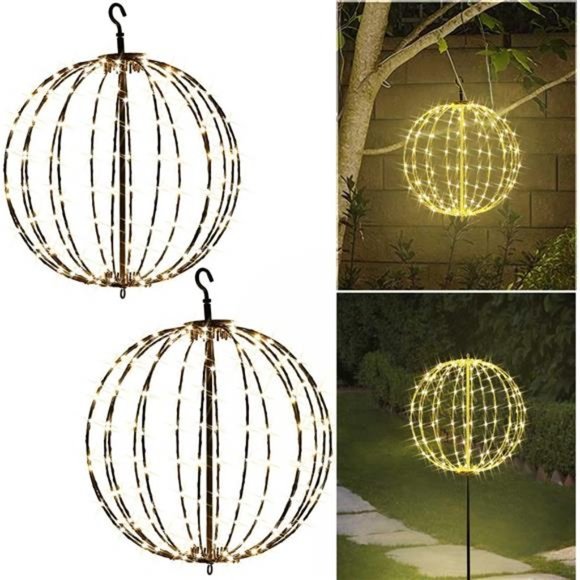 12" Outdoor Hanging LED Light Balls, Garden Pathway Lights Christmas Metal Globe